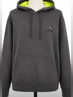 John Deere Grey Pullover Hoodie Medium Neon Lined Logo Sweatshirt Workwear Ranch
